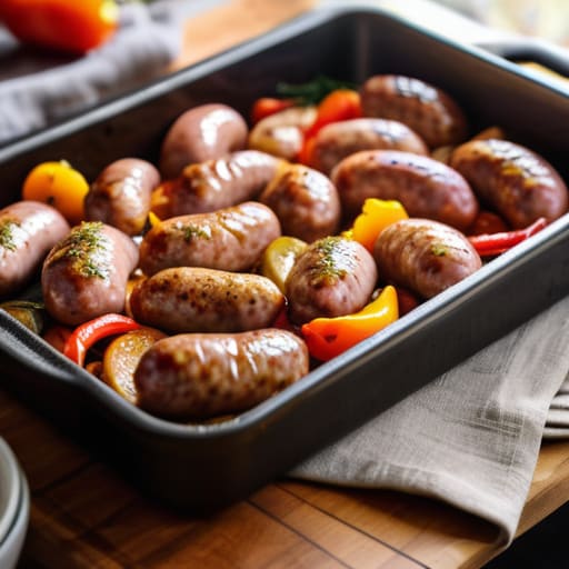 Sheet Pan Sausage and Peppers on baking sheet.