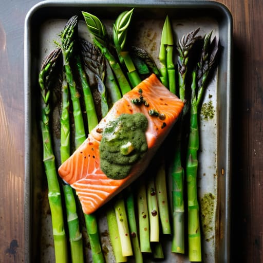 Baked Pesto Salmon and Asparagus on tray.