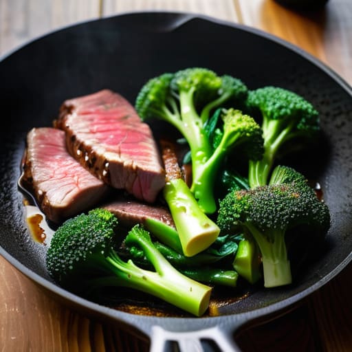 Beef and Broccoli Skillet in heavy pan.