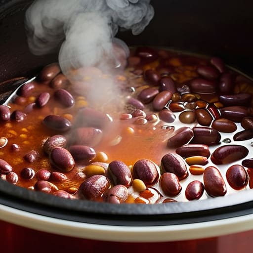 Slow-cooked Hearty Three-Bean Chili in crockpot.