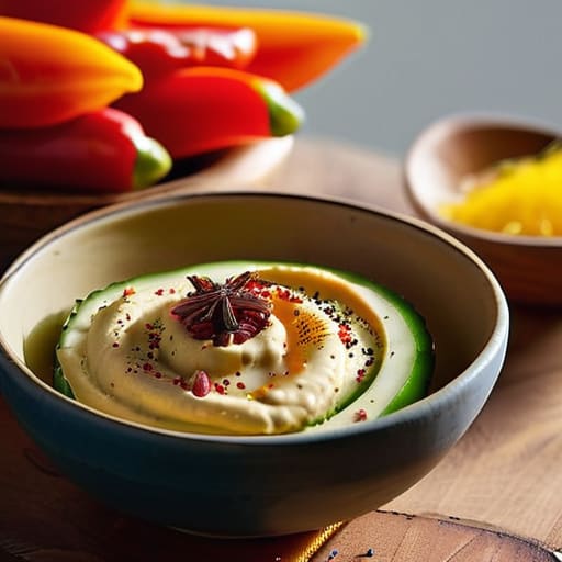 Hummus and crunchy veggies snack plate.