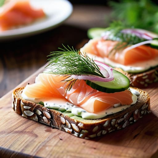 Smoked salmon and rye toast breakfast.